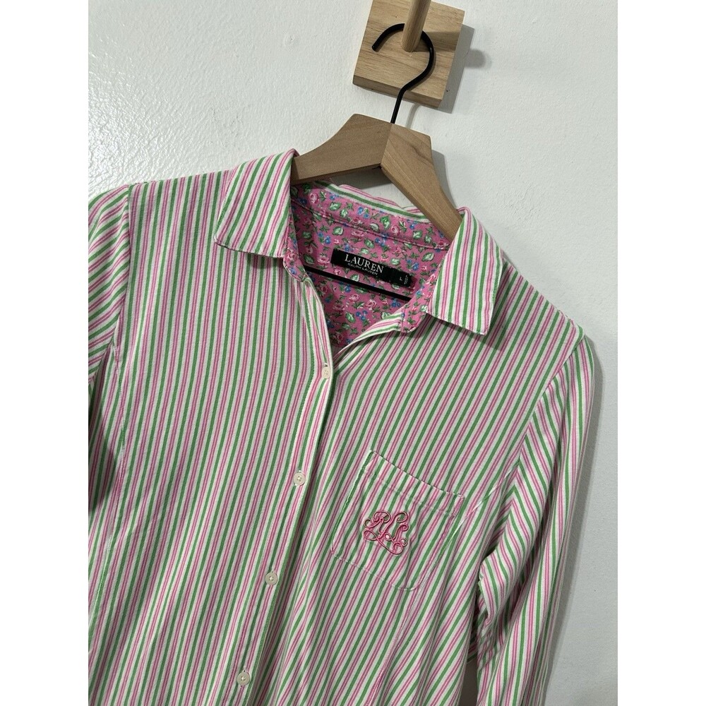 Lauren Ralph Lauren Pajama Womens Pink Green Striped Gown Long Sleeve Sleep Larg